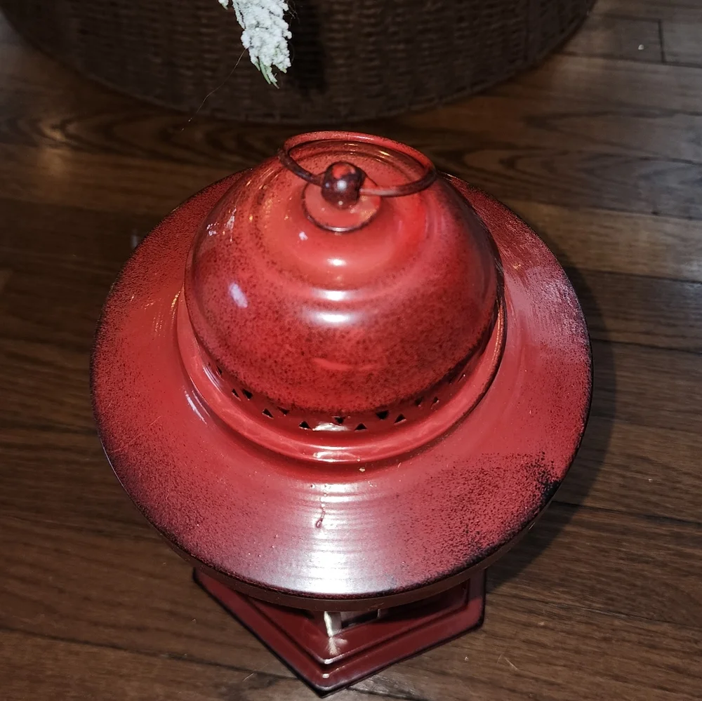 Red Metal Lantern with Glass Panels - Picture 3 of 3